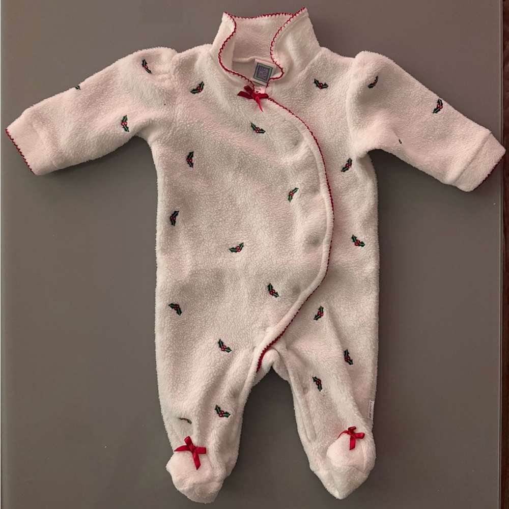 Little Me White Footie with Red Trim and Embroidery